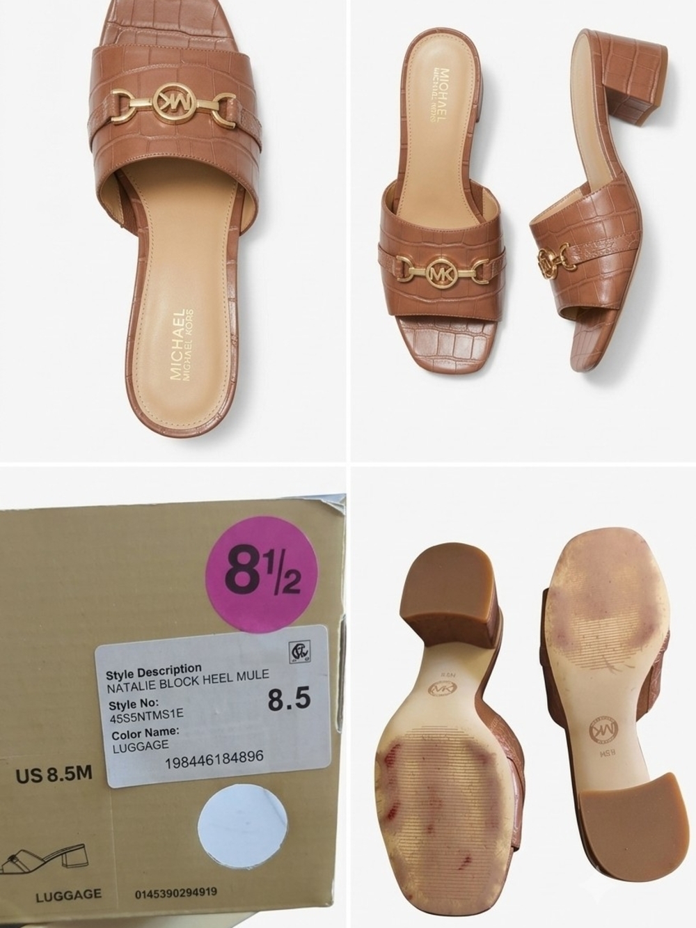 Michael Kors Croc-Embossed Luggage Brown Slide Mules with Gold MK Accent